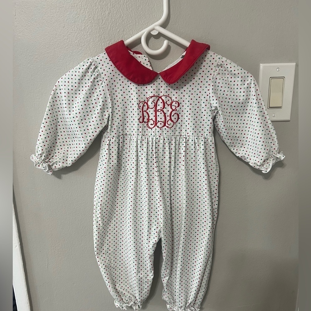 Jessie Dressie Smocking Monogram Baby Girl Christmas Romper Polka Dot 18M EUC